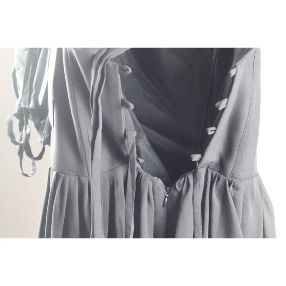 Black Pleated V-Neck Lace Up Back Maxi Dress with Ruffle Hem and Side Slit - Picture 5 of 6